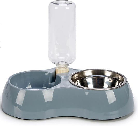 Abbeveratoio Automatico + Mangiatoia 2 in 1 per Cani – Kit con Bottiglia e Ciotola (Blu/Grigio)