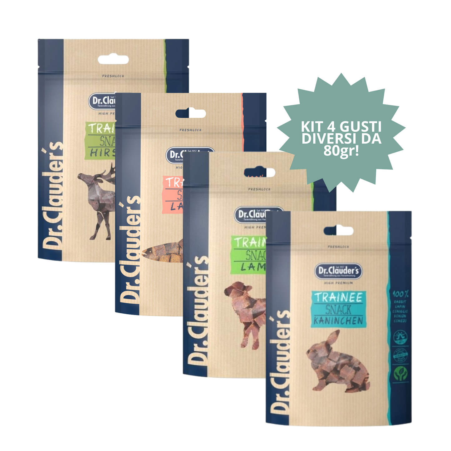 KIT SCELTA DI QUALITÀ – Dr. Clauder’s Snack Cubetto (4 confezioni x 80 g) 🥩