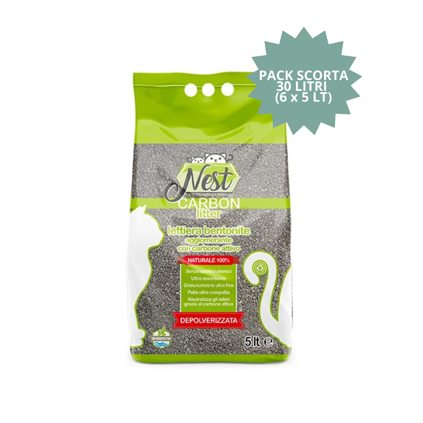 Nest Lettiera Bentonite al Carbone Attivo – Pack Scorta 30 L (6 × 5 L)