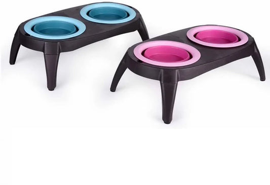 Ciotole Rialzate per Cani e Gatti con Supporto + 2 Ciotole in Silicone Pieghevoli – Doppia Postazione Acqua e Cibo